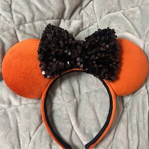 Orange Mickey Mouse Ears Headband with Black Sequin Bow